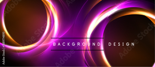 Abstract neon circles, vibrant purple, orange hues. Dark background creates dramatic visual effect. Modern design element.
