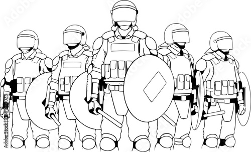 Group of riot police officers in protective gear holding shields and batons.
