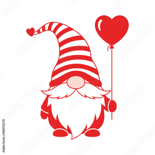 Red gnome holding heart balloon for valentines day