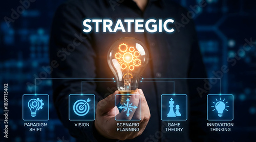 Person holds glowing light bulb representing strategic business concepts on a dark digital