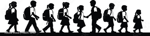 School children silhouettes walking together in line with backpacks vector