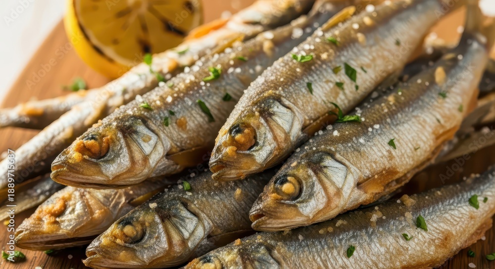 Obraz premium Pile of whole fried small fish seasoned with salt and herbs rests near a grilled citrus slice on a wooden surface.