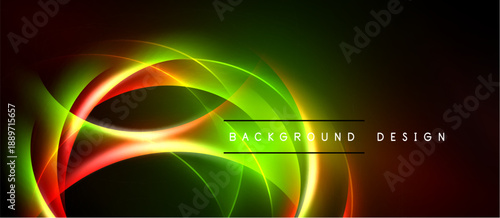 Abstract neon waves, vibrant colors blend. Green, orange, yellow curves create dynamic background design. Dark space surrounds bright elements.
