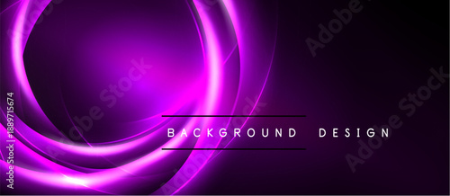 Abstract purple lines create dynamic flow. Dark background emphasizes glowing curves, modern design element. Simple text reads background design.