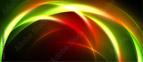 Abstract vibrant curves, flowing shapes. Red, green, yellow hues dominate dark background. Dynamic energy radiates from central point.
