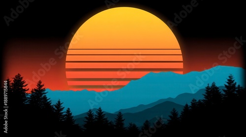 Stylized Sunset Over Mountain Range with Silhouetted Trees and Vibrant Gradient Sky