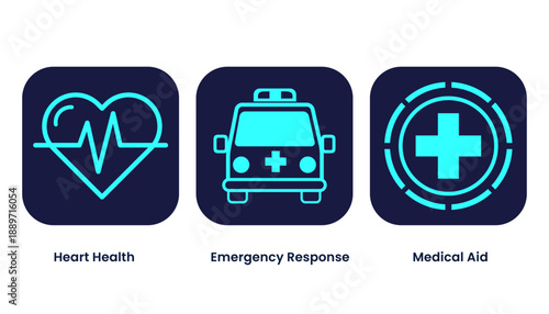 24/7 Emergency Medical Service Icons.
Neon Heart Health, Ambulance Response and Medical Aid AI Vector Set.