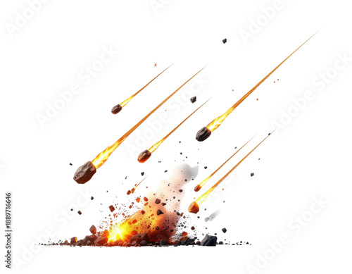 Falling Meteors Creating Explosions and Fire During Impact on the Earth's Surface