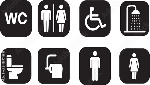 Collection of universal restroom and bathroom icons for accessibility and common use