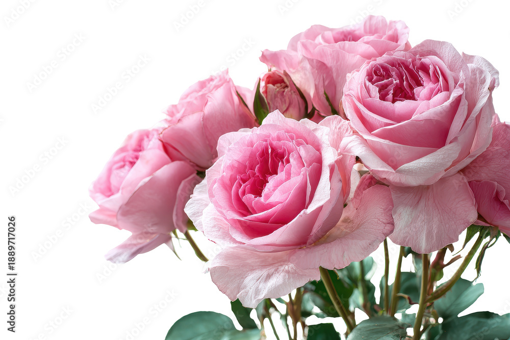 Obraz premium Delicate pink roses bouquet isolated on transparent background. Delicate pink roses bloom with lush petals and green stems isolated on white background.