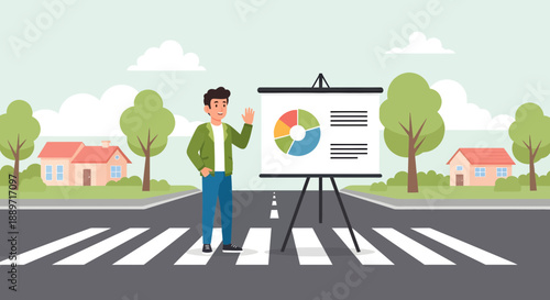 Businessman presenting data on a street corner with a pie chart