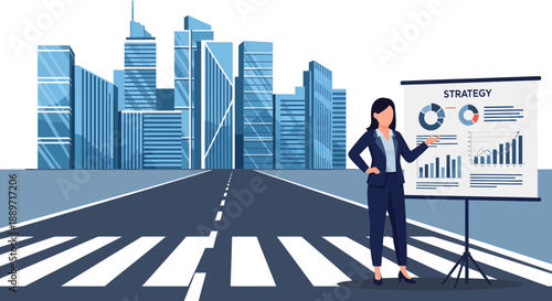 Businesswoman presenting strategy on a city road background
