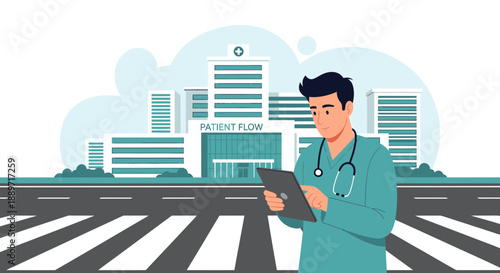 Healthcare professional with tablet in front of hospital