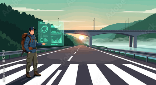 Man with backpack standing on road with futuristic interface
