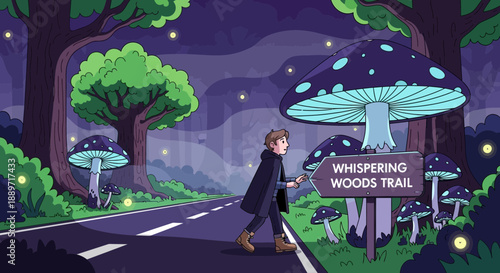 Man Walking Along Road to Whispering Woods Trail at Night