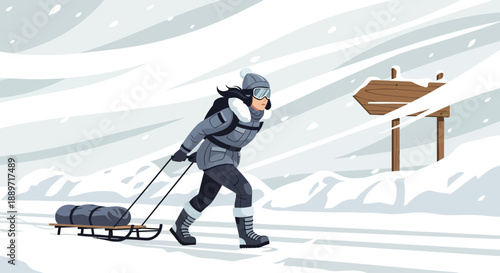 Person pulling sled with luggage through snowy landscape