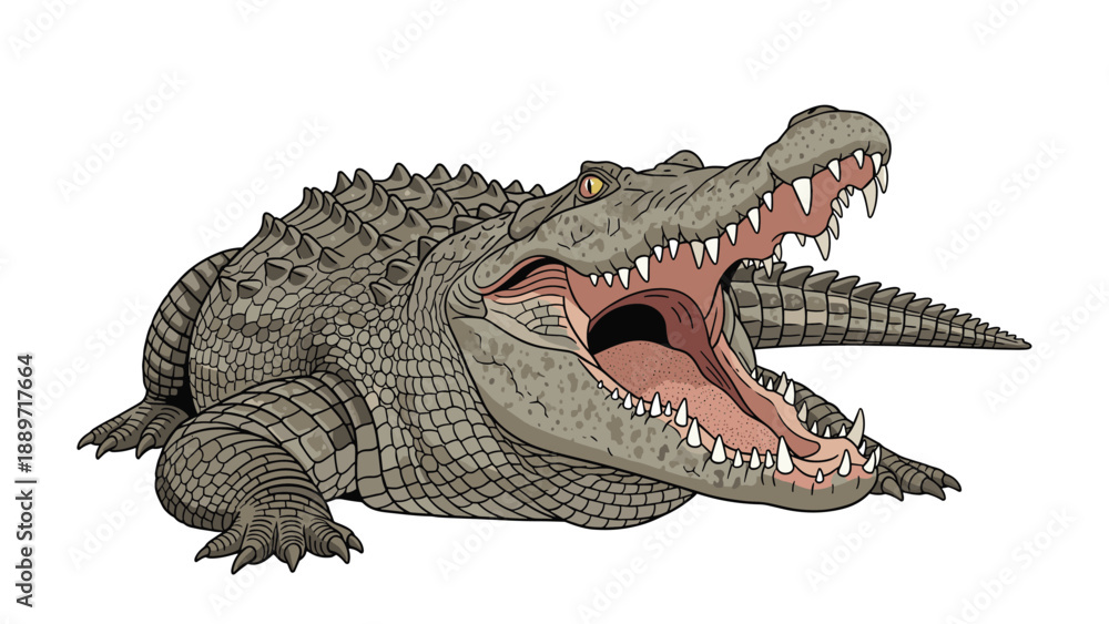 Fototapeta premium Powerful crocodile lies with its mouth wide open exposing sharp teeth in a realistic nature illustration on a white background.