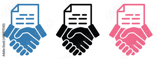 Handshake agreement vector for corporate partnerships, featuring business handshake line icons, paper agreement symbols, and simple business contract illustrations.