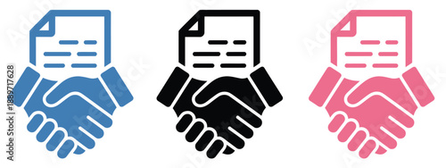Handshake agreement vector, showcasing corporate partnership icons with business handshake, agreement papers, and professional contract symbol designs.