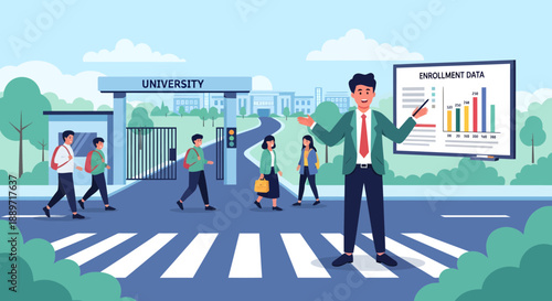 University enrollment data presented by businessman on screen