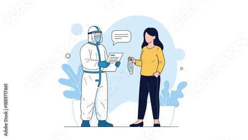 Healthcare worker wearing a full protective hazmat suit discusses safety measures with a woman holding a face mask during a pandemic.