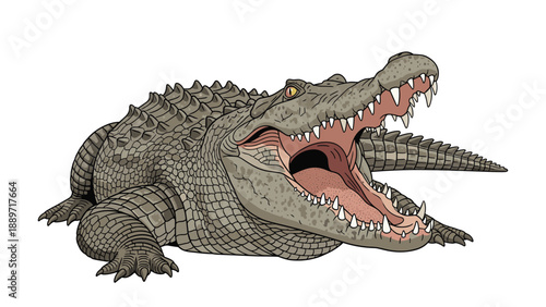 Powerful crocodile lies with its mouth wide open exposing sharp teeth in a realistic nature illustration on a white background.