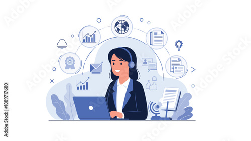 Happy customer support representative wearing a headset works at a laptop surrounded by various digital service and data icons.