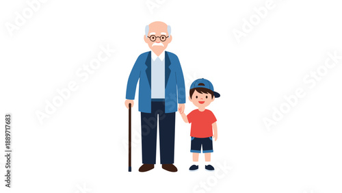 Elderly grandfather and his young grandson walk together hand in hand showing a heartwarming bond between generations.