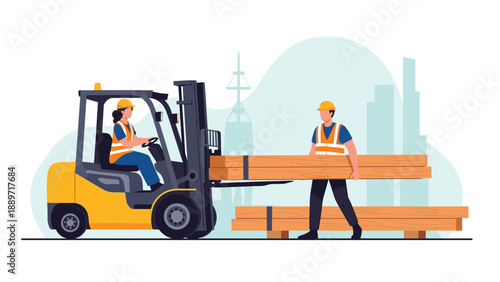 Construction workers operate a yellow forklift to move and organize large stacks of wooden lumber planks at a busy industrial site.