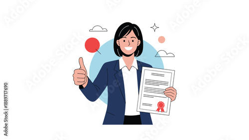 Successful businesswoman in a suit holds a professional certificate and gives a thumbs up to celebrate her recent achievement.