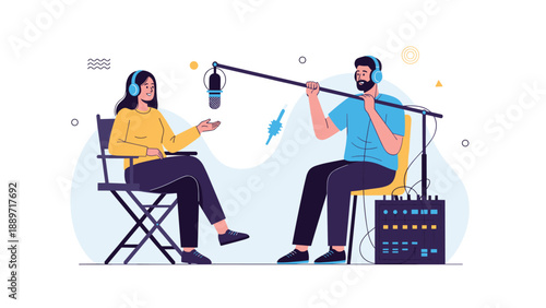 Man and woman record a radio show or podcast together using professional microphones and audio equipment in a recording studio.