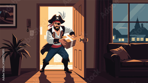 Sneaky pirate character in full costume delivers a package at a front door during a moonlit night in a suburban living room setting.