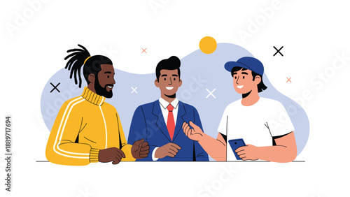 Three diverse male friends stand together and have a friendly conversation while one checks a message on his smartphone.