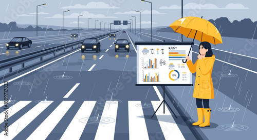 Woman standing on the roadside with an umbrella and a sign