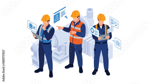 Group of isometric industrial workers in safety gear analyze machinery data on digital tablets in a modern factory setting.