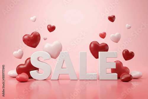 Valentine's Day Sale banner with 3D hearts and white letters on pink background