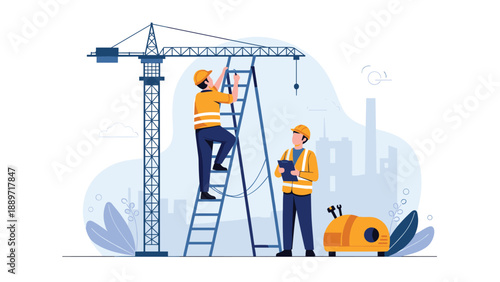 Construction crew operates at building site with one worker climbing a ladder on a crane while another monitors progress.