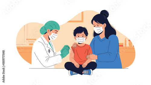 Medical professional in uniform administers a vaccine to a young boy while his mother provides comfort in a clinic setting.