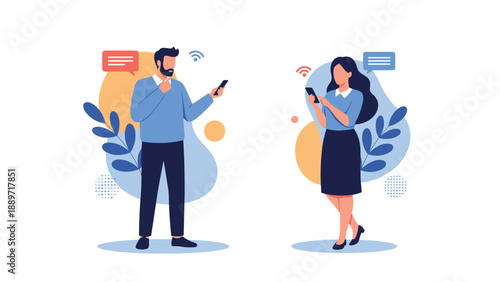 Man and woman stand back to back using smartphones for digital communication with wifi and speech bubble icons in background.