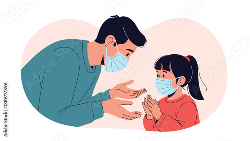 Father and daughter wear protective face masks and look at each other with care during a period of health and safety measures.