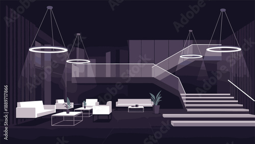 Modern and minimal office lounge interior with contemporary furniture, stairs, and glowing circular pendant light fixtures.