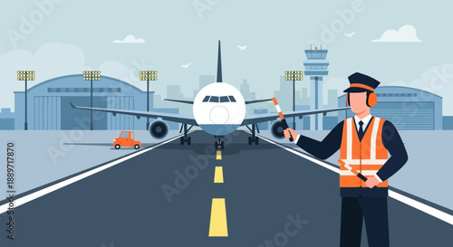 Airplane on Runway with Airport Staff Directing Traffic
