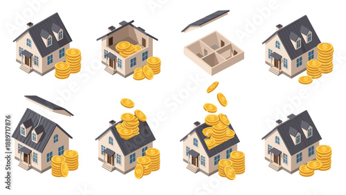 Isometric sequence shows a residential house being filled with stacks of gold coins to represent real estate investment value.
