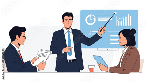 Professional businessman gives a presentation with charts on a screen to attentive colleagues during a corporate meeting.