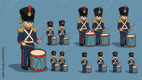 Diverse collection of pixel art toy soldier drummers in blue uniforms with red accents and tall black hats in various sizes.