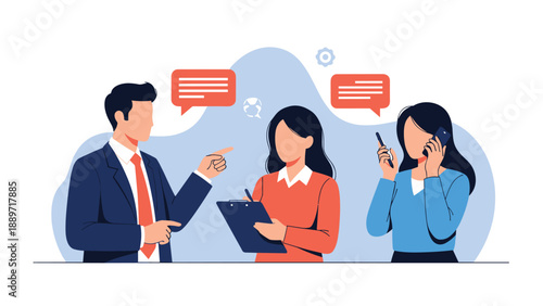 Busy office environment with a manager giving directions while employees handle administrative tasks and phone communication.