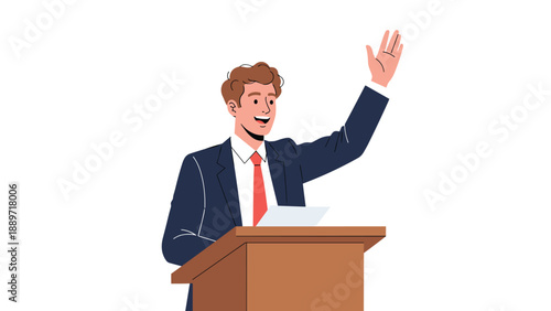 Passionate male speaker in a formal suit gestures from a wooden podium during an important public address or presentation.
