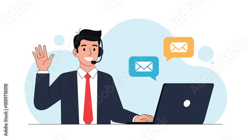 Friendly customer support agent with a headset waves from a laptop surrounded by email and communication icons in an office.