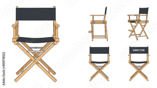 Detailed views of a wooden director's chair from multiple angles including side, front, and back on a clean white background.