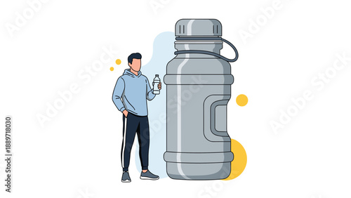 Healthy man stands with a small water bottle next to a giant sports gallon container to meet his daily hydration goals.
